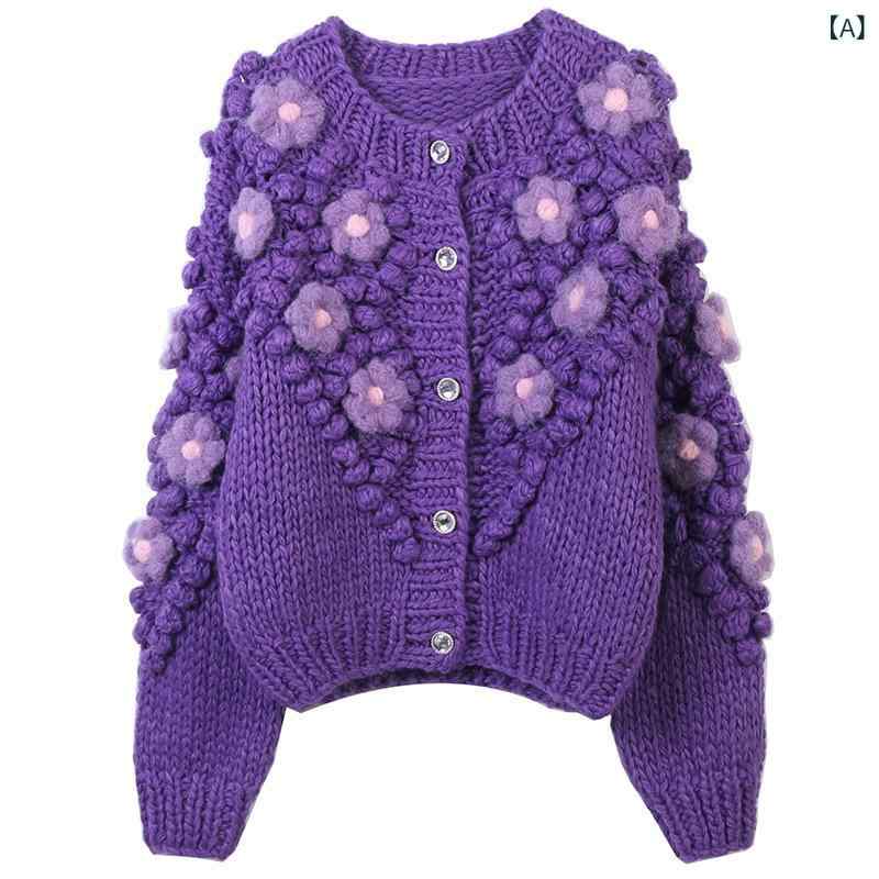 ニットカーディガン レディース 花柄 手刺繍 長袖 クルーネック 羽織り 暖かい パープル 花モチーフ 厚手 セーター トップス 秋物 冬物 カジュアル お出かけ 通勤 オフィス 華やか レトロ かわいい おしゃれ