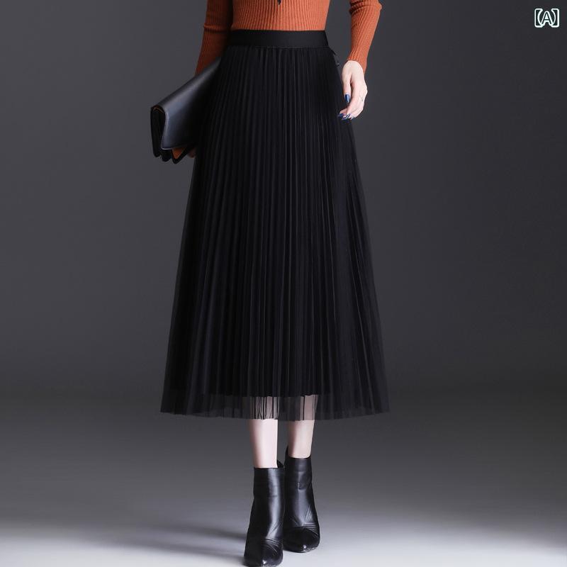 スカート レディース ロング丈 フレアスカート プリーツスカート ボトムス ウエストゴム リバーシブル 性 チュール 重ね着風 防寒 暖かい 冬服 体型カバー 動きやすい 大人 カジュアル