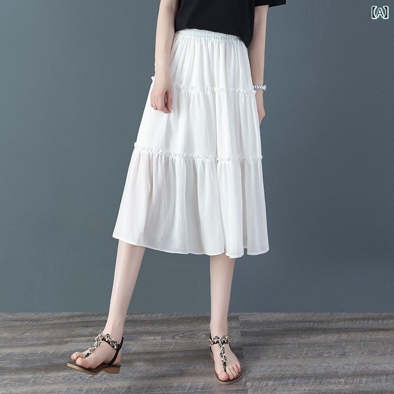 スカート レディース ロング プリーツスカート シフォン素材 フレア ミモレ丈 Aライン マキシ丈 ボトムス ウエストゴム 体型カバー 着痩せ おしゃれ シンプル 通学 通勤 カジュアル 夏用