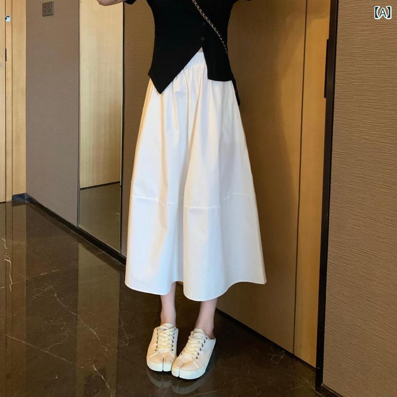ロングスカート レディース フレアスカート Aライン ミモレ丈 ホワイト コットン混 マキシ丈 体型カバー 落ち感 涼しい 動きやすい 無地 シンプル 通勤 通学 ウエストゴム オールシーズン 普段着