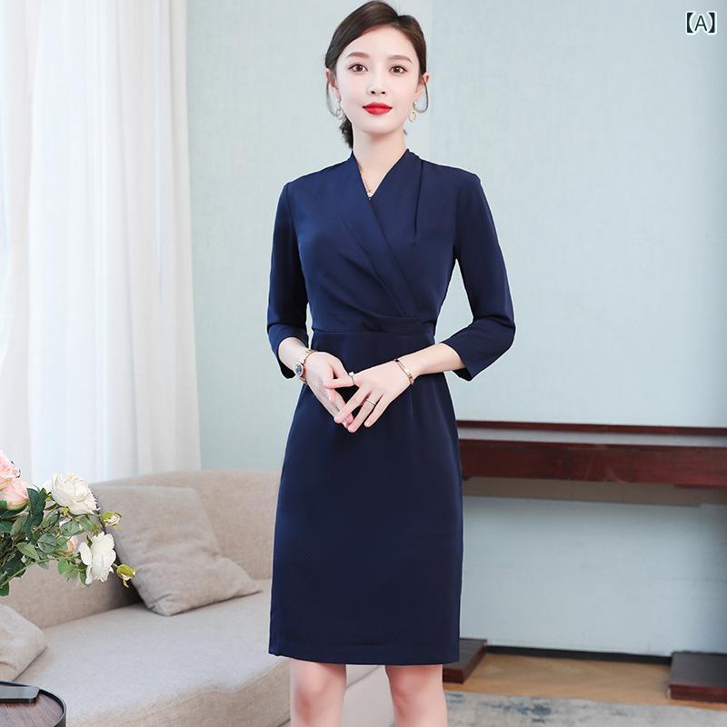 ワンピース レディース 七分袖 Vネック タイト 膝丈 制服 美容室 エステ ユニフォーム 事務服 受付 医療 歯科 病院 クリニック 仕事着 オフィス ビジネス ウェア 春夏 秋冬 無地 シンプル ストレッチ