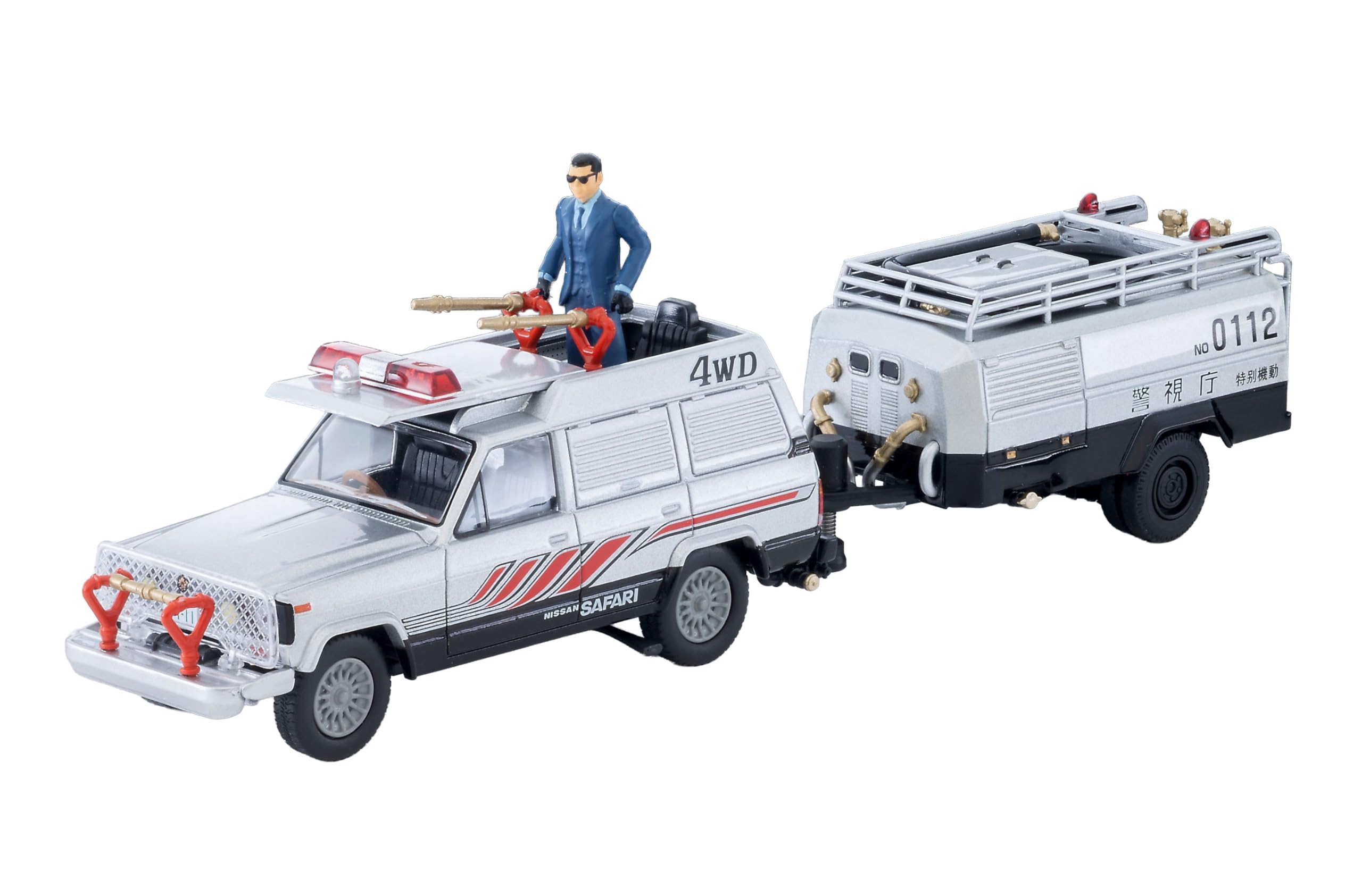 1/64 ミニカー サファリ 4WD 西部警察 完成品 フィギュア付き ジオラマ用 模型 ホビー 塗装済み 完成品 観賞用 ディスプレイ リアルモデル 大門団長 放水銃装備仕様 昭和レトロ ドラマ 車両 コ｜ハッピーライフセレクト