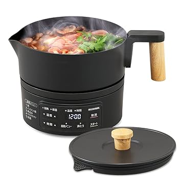 【中古】アイリスオーヤマ クッキングケトル 一人暮らし 一人鍋 ラーメン 丸洗い可 湯切り機能付 温度調節 40℃~100℃ 1L ICK-M1200-B ブラック 節電対策
