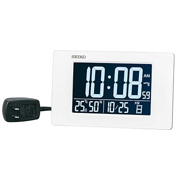 【中古】セイコークロック 置き時計 目覚まし時計 電波 デジタル 交流式 3モード表示切替 温度湿度表示 白 本体サイズ:12×19.5×2.4cm DL214W