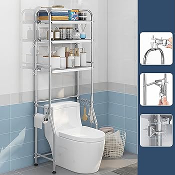 【中古】ランドリー収納 トイレラック 洗濯機ラック 便器ラック 浴室収納キャビネット 組み立て簡単 2段式 3段式 フックき 穴あけなし ステンレス鋼 多用