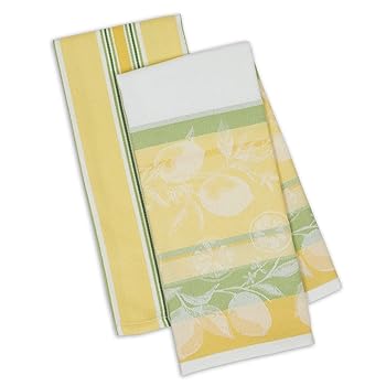 【中古】(非常に良い)DII Kitchen Dish Towel Set 2 Riviera Lemons Yellow Green Includes 1 Lemon Print & 1 Stripe|ハッピーストア藤岡