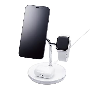 【中古】(非常に良い)エレコム ワイヤレス充電器 3in1 3台同時充電 [Magsafe対応のiPhone/Apple Watch/AirPods] マグネット内蔵 7.5W+5W Type-C(入力ポート) C-Cケー｜ハッピーストア藤岡