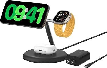 【中古】(非常に良い)Belkin 3-in-1 ワイヤレス充電スタンド Qi2公式認証/MagSafe対応 iPhone17,16～12/スマートフォン(最大15W高速充電) AirPods/ワイヤレス充電対応｜ハッピーストア藤岡