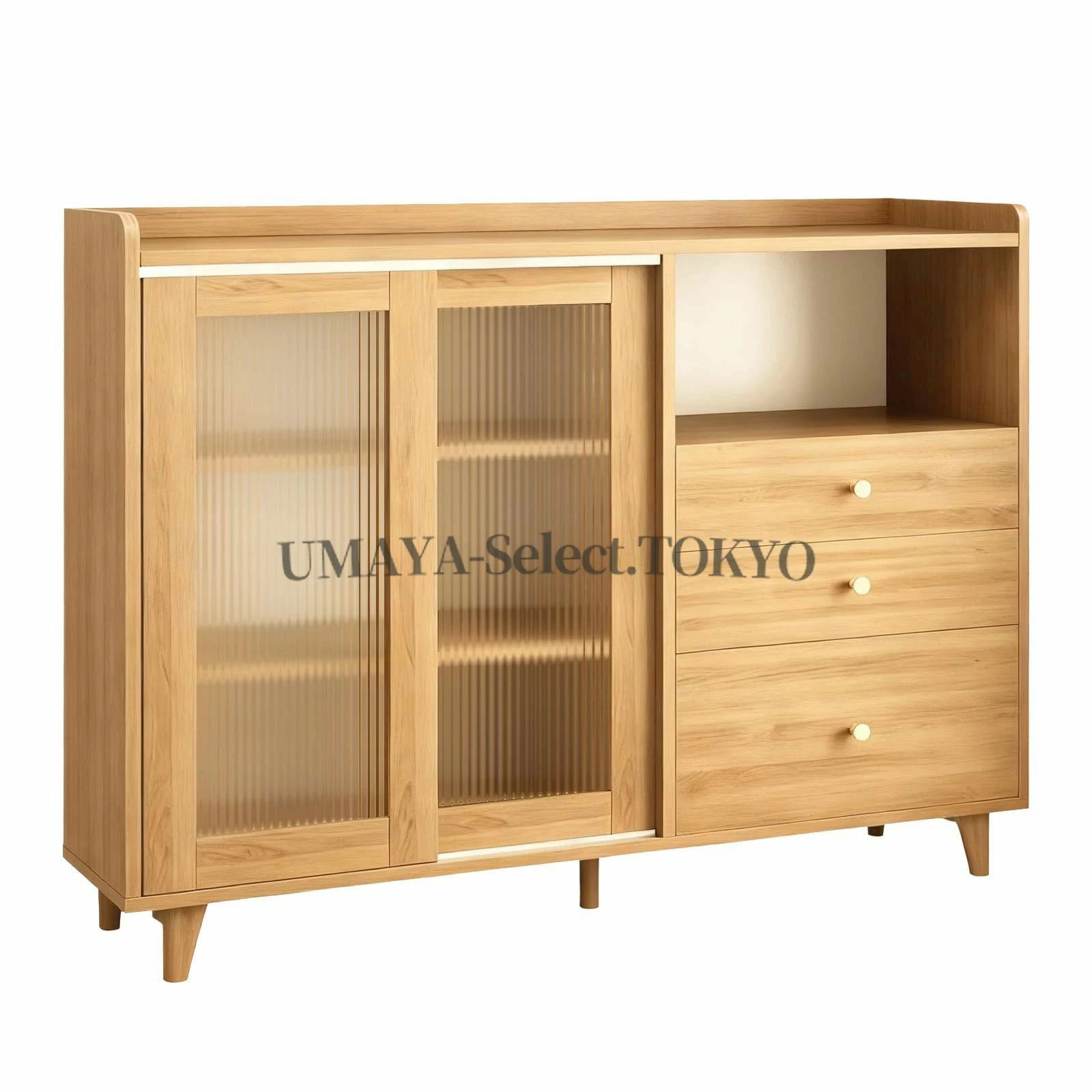 100cm幅 アクリル扉付き 木製食器棚 耐荷重強化 防塵スライドドア ダイニングルーム リビングルーム対応 キッチン収納 引き出し|ハッピーストリーム