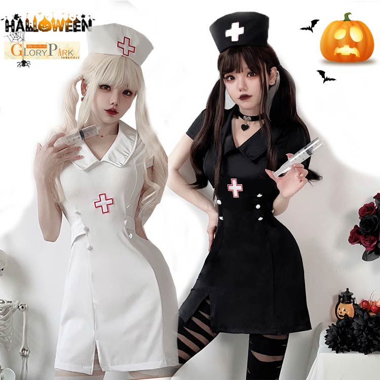 楽天市場】ハロウィン 看護婦 黒 白 帽子+ワンピース+首飾り