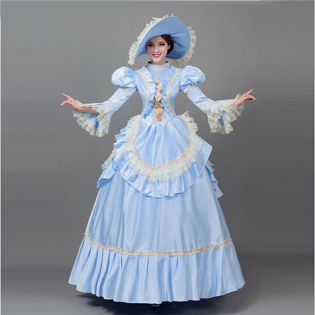 市場 ロココ舞台服 演劇 宮廷服ドレス ステージ衣装 プリンセスライン オペラ声楽 ドレス 姫袖 ブルー 18世紀ヨーロッパ
