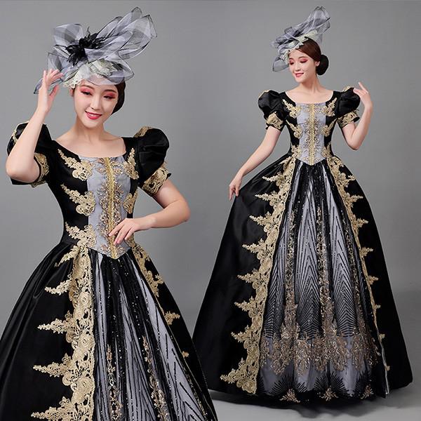 中世 貴婦人ドレス ステージ 衣装 中世ドレス ヨーロッパ 貴族 王族服 ジュリエット カラードレス 演出 現代劇演出 ヨーロッパ風 演出 パーティードレス ブラック eh150jcjcx1｜Happysunny Shop