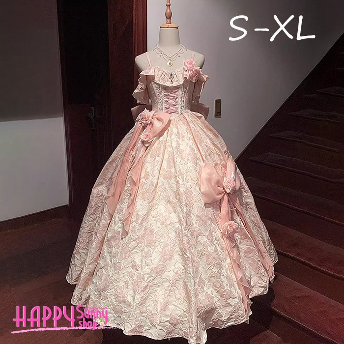 プリンセスドレス ロングドレス ステージ衣装 お姫様 ドレス 中世 貴族風 豪華 華やか ジャガード 演劇 舞台 撮影 コスチューム ロココ調 クラシカル ロリィタ 花柄 リボン コサージュ 編み上げ ピンク S M L XL dh029lclcx1｜Happysunny Shop