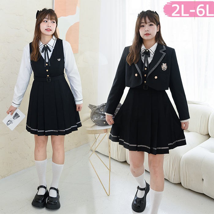 なんちゃって制服 ジャンパースカート 女子 入学式 卒業式 学生服 ワンピース シャツ ブラウス プリーツスカート ハイウエスト 大きいサイズ レディース 長袖 半袖 リボン サロペット ロリータ ブラック 黒 ジャケット追加可能 発表会 通学 可愛い コスプレ ma005m3m3m3|Happysunny Shop