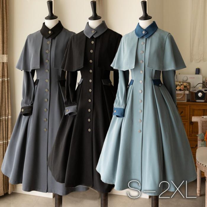 ロリータ ワンピース レディース マント ロリータコート アウター ロリータワンピース ゴスロリ ミモレ丈 クラロリ 冬服 Aライン ハイウエスト ロリィタファッション レトロ風 クラシカル 上品 長袖 無地 コスチューム ブルー グレー ブラック S M L XL 2XL da594m4m4x1