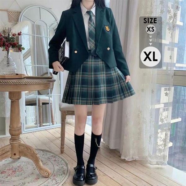 なんちゃって制服 セット スカート ブレザー リボン ネクタイ 入学式 卒業式 学生服 シャツ プリーツスカート 長袖 女子高生 JK 高校生 チェック柄 緑 グリーン ベージュ レディース ジャケット 受験 発表会 通学 コスプレ 仮装 イベント dx011m5m5m3