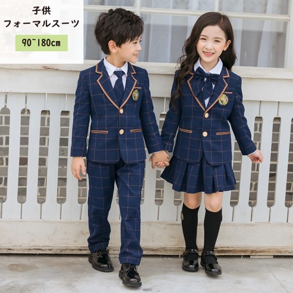 卒業式 スーツ 女の子 男の子 入学式 子供 フォーマルスーツ キッズ ジャケット スカート パンツ 5点セット ネクタイ リボン ワッペン 受験 面接 発表会 セレモニー 小学生 ジュニア ネイビー 上品 かわいい 90 100 110 120 130 140 150 160 170 180cm
