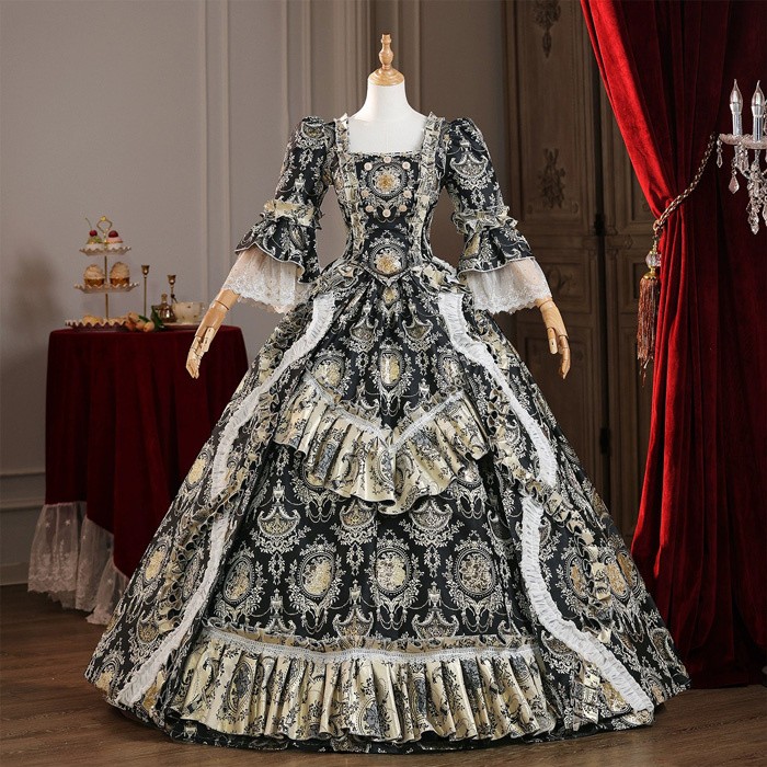 貴族ドレス お姫様ドレス ロココ調 中世風 舞台衣装 オペラ 演奏会 歌劇 パーティー ジャガード ロング Aライン サイズ指定 コスチューム式 イベント 学園式 da010x0x0m3|Happysunny Shop