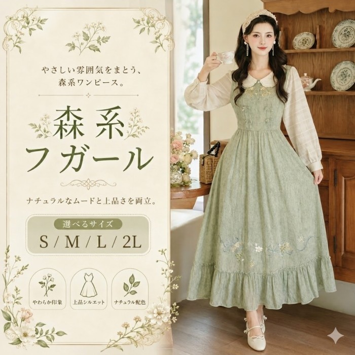森お嬢さん レディース 衣裳 甘くて好いたらしい ロリータ レトロ フレンチドールカラー ロング丈 パフ袖 姫御前風 秋用 自然的 お出かけ 今めかしい S～2L nd044x0x0m3