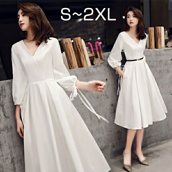 格安 ミディアムドレス パーティードレス 袖あり Vネック ミモレ丈 カクテルドレス ビショップスリーブ 普段用ドレス ワンピース フォーマル 小さいサイズ ファスナー 女子会 発表会 演奏会 ホワイト 白 S M L Xl 2xl Da061x1x1x1 国際ブランド Isf Org Sa
