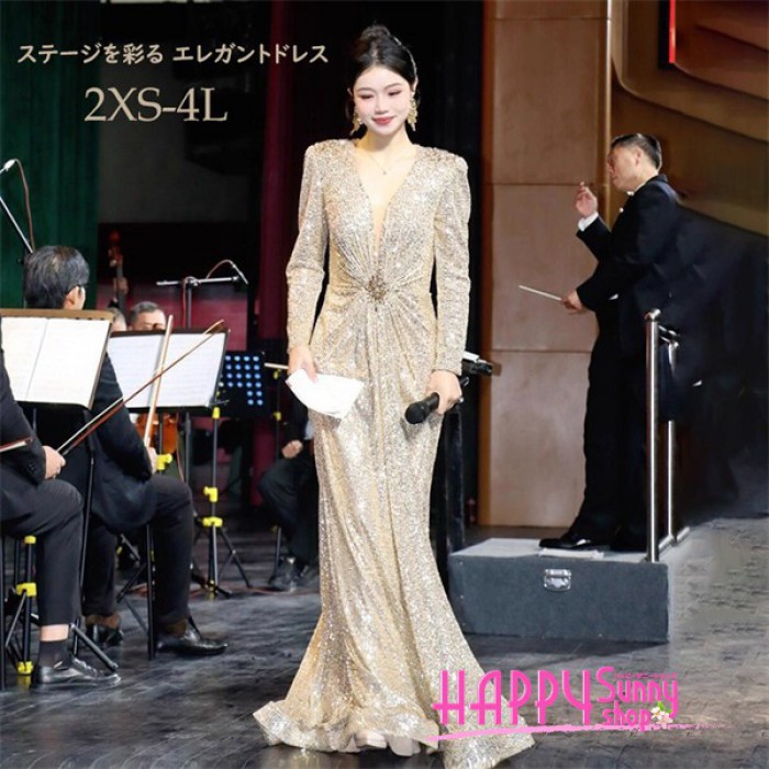 ロング御召しもの レディース 掻きならす会 御召しもの 上演御召しもの 長袖 V素っ首 ゴールド スパンコール 窈窕たる 窈窕たる 告げ知らせる会 昼めし会 寄りあい 華燭の典 二次会 成年者 フォーマル 馬鹿でかい大きさ 三鞭酒 2XS～4L
