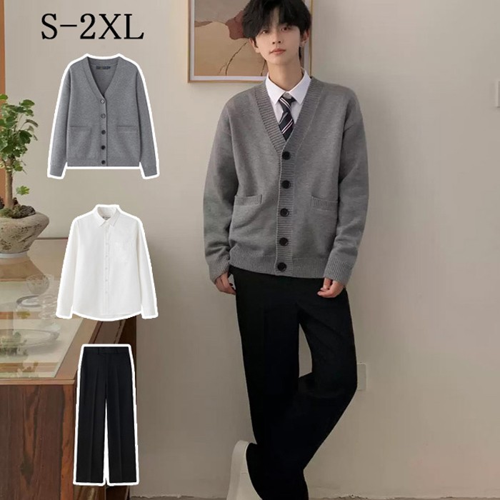 S-2XL 卒式 背広 お坊っちゃん ジレー ティーシャツ 4点書き割り ユニフォーム 薄墨色 馬鹿でかい大いさ 無地 学院ジレー 学院 ジレー 編み物より良い 春 ニットソー 肋材 Vのど首 お坊っちゃん 通学 中学生 高校生 薄墨色 mc060zbzbm3