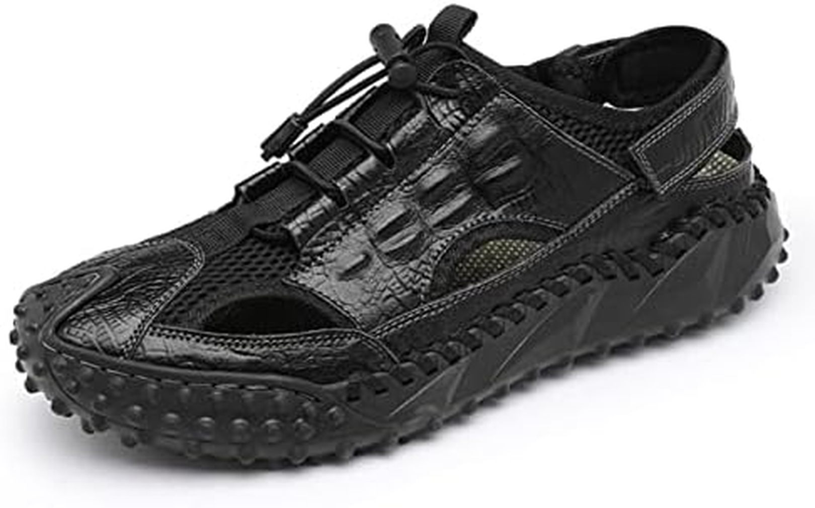 スポーツサンダル メンズ 本革 登山サンダル ニットメッシュ 夏 クロコの型押し つま先保護 排水 凸凹底 滑りにくい さんだる 戸外 通気 蒸れない ベルクロ 海 河 川 登山 軽量 アウトドアサン