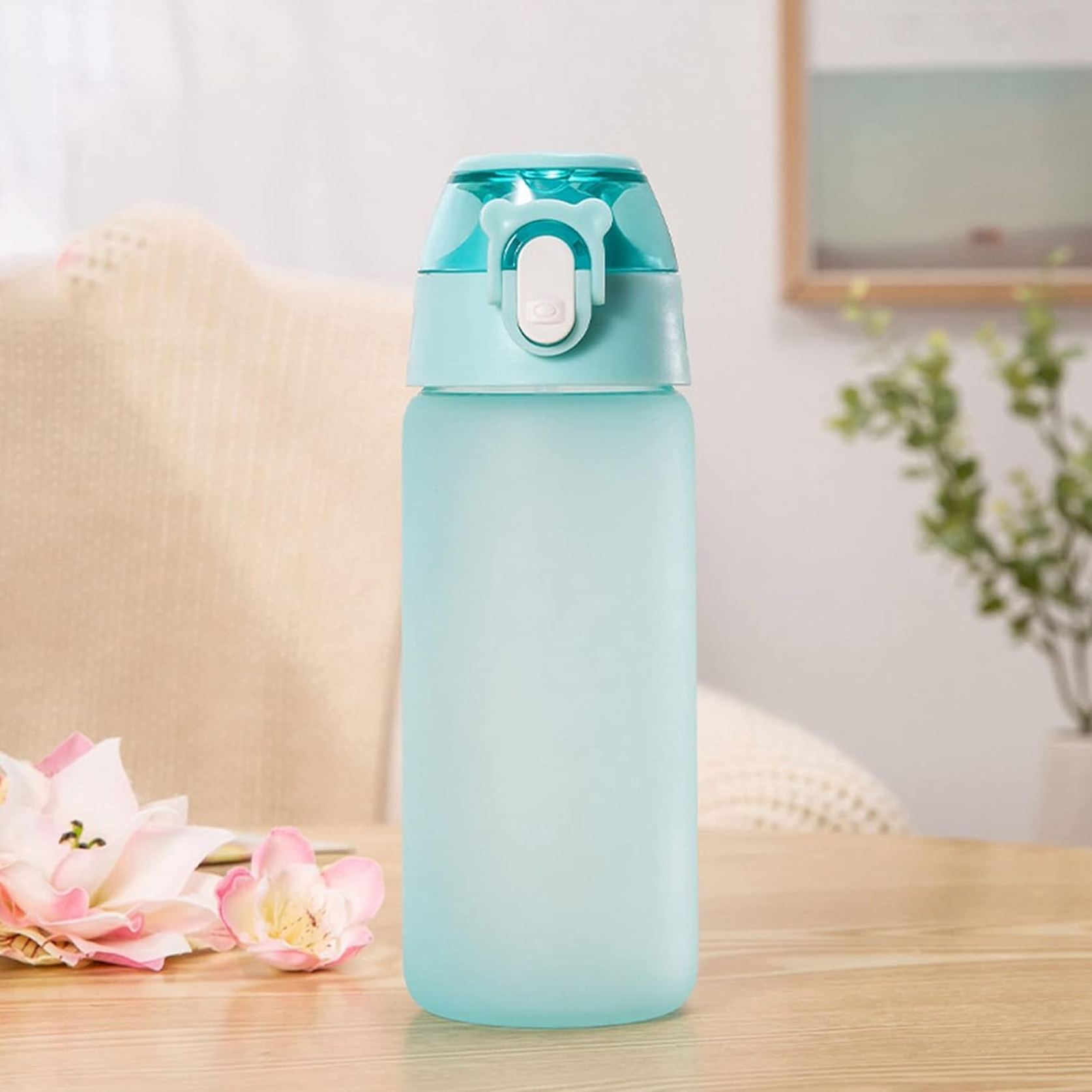 ガラス水筒 500ml ブルー 艶消し ストロー付き クリアボトル ワンタッチオープン 手提げ付き 無地 シンプル カップル 女の子 男女兼用 運動用 アウトドア 会社用 ファッション サイクリング
