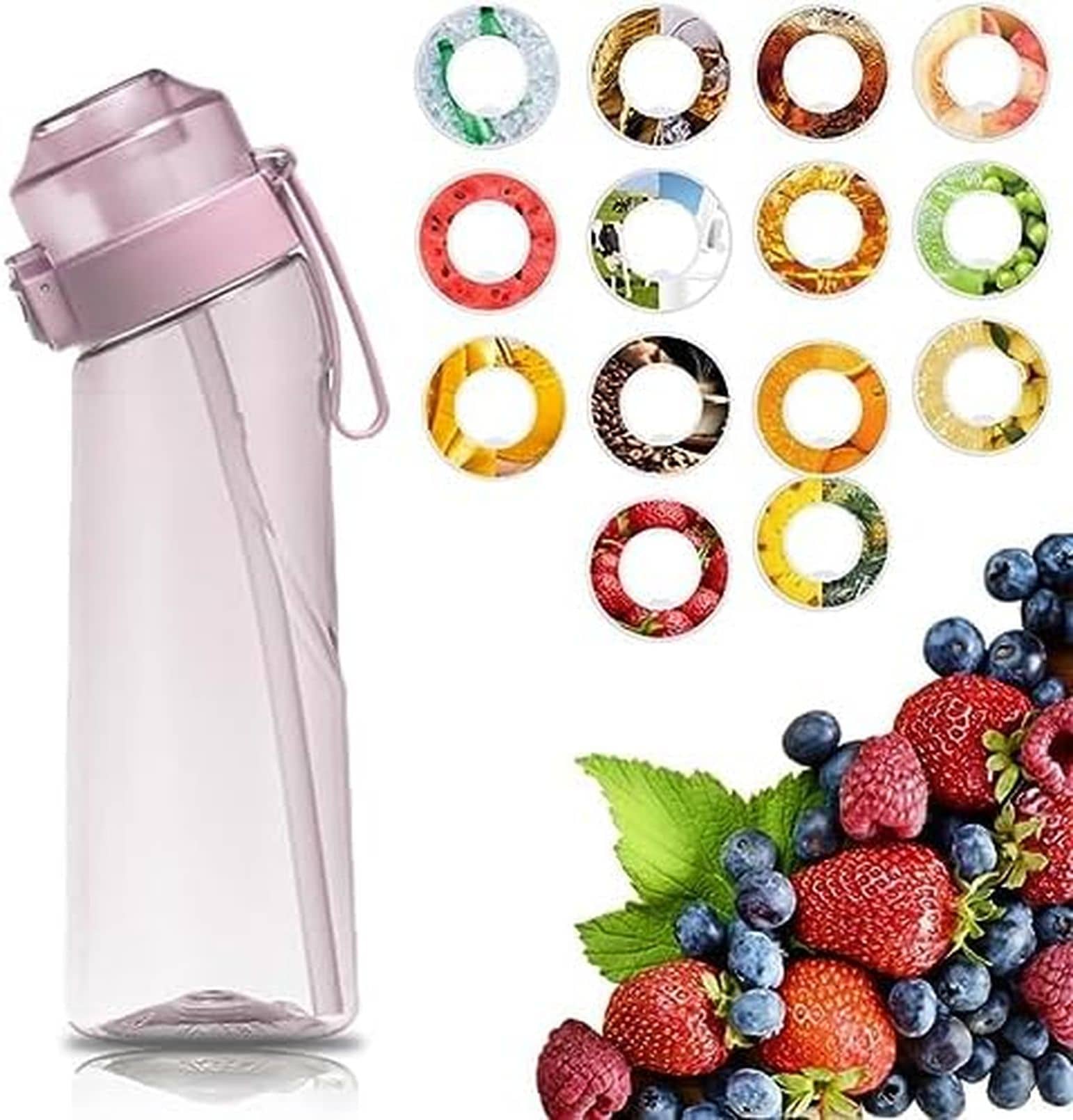 650ml お水瓶、麦わらと14個のフレーバーポッド付き添い人フルーツフレグランスウォーターボトル、精製糖0、キロカロリー0 スターターアップセットドリンクボトル、BPAフリーエアウォーターボトルアッ