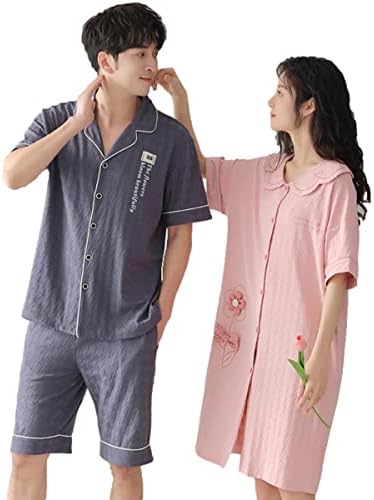 パジャマ ペア 夏 前開き 半袖 ルームウェア 綿 カップル ワンピース ペアルック 男女セット 部屋着 可愛い 結婚祝い 夫婦 通気 恋人 プレゼント 柔らかい