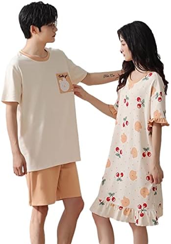 ペアパジャマ 結婚祝い チェリー柄 カップル 半袖 綿 夏 ルームウェア ワンピース ペアルック 部屋着 2着セット 恋人 夫婦 通気 吸汗 プレゼント 肌に優しい