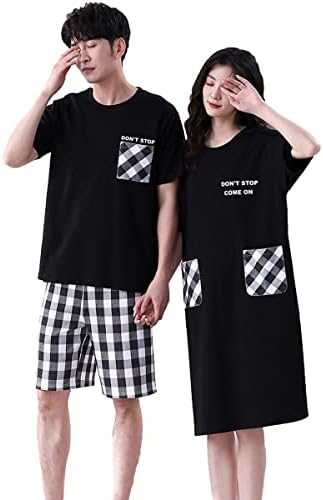 パジャマ カップル 半袖 綿 夏 黒 チェック柄 2着セット ルームウェア ネグリジェ 部屋着 ペアルック 夫婦 恋人 結婚祝い 吸汗 通気 プレゼント 柔らかい お揃い
