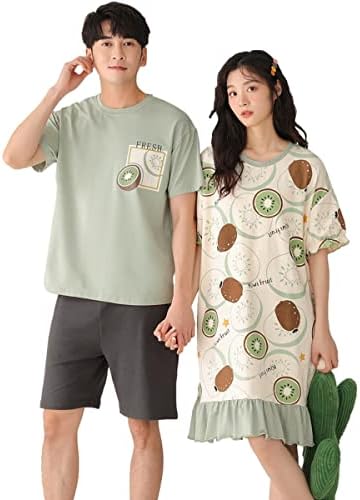 ペアパジャマ 夏 キウイ柄 半袖 綿 カップル ワンピース 男女セット ネグリジェ 可愛い ルームウェア ペアルック 結婚祝い プレゼント 夫婦 通気 優しい肌触り 恋人 グリーン｜ハッピートゥデイ