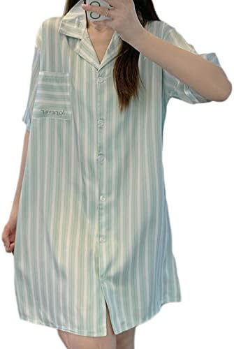 ルームワンピース パジャマ 半袖 シャツワンピース ネグリジェ 夏 レディース 綿混 ルームウェア ミモレ丈 ストライプ柄 柔らか Vネック 部屋着 ナイトウェア エレガント カジュアル 肌触りよい