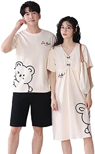 ペアルック パジャマ 半袖 綿 夏 男女セット カップル ワンピース ネグリジェ お揃い ルームウェア プレゼント 結婚祝い 可愛い 通気 吸汗 恋人 優しい肌触り 夫婦｜ハッピートゥデイ