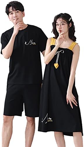 ペアルック パジャマ カップル 半袖 黒 夏 綿 男女セット お揃い 可愛い ネグリジェ ルームウェア ワンピース プレゼント 恋人 夫婦 結婚祝い 通気 吸汗 優しい肌触り ブラック