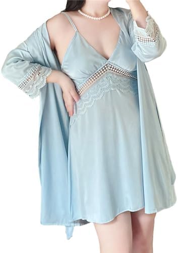 シルク風 ネグリジェ レース キャミワンピース 2点セット XL-4XL ローブ ワンピースパジャマ Vネック レディース ルームワンピース 春夏 ゆったり ナイトドレス 滑らか ブルー 光沢感 大き