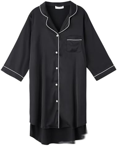 ネグリジェ ロングシャツ レディース 5分袖 ブラウス ルームワンピース 前開き ゆったり Vネック 春夏 カジュアル 涼しい 通気 ひんやり アイスタッチ 涼感 女性用 寝巻き 優雅 滑らか ブラッ