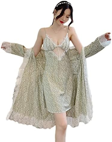 レース ネグリジェ 姫系 レディース ルームウェア パジャマ 2点セット ランジェリー シルクタッチ 長袖ガウン キャミソール ナイトウェア ロングガウン 薄手 寝巻き 20代30代40代 春夏 可愛