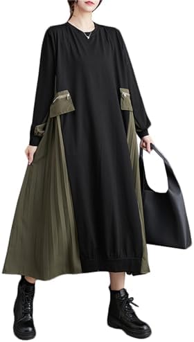 レディース ロング丈 ワンピース 長袖 クルーネック 切り替え ワンピース ゆる 着痩せ 春 秋 ファッション プリーツ ワンピース 黒