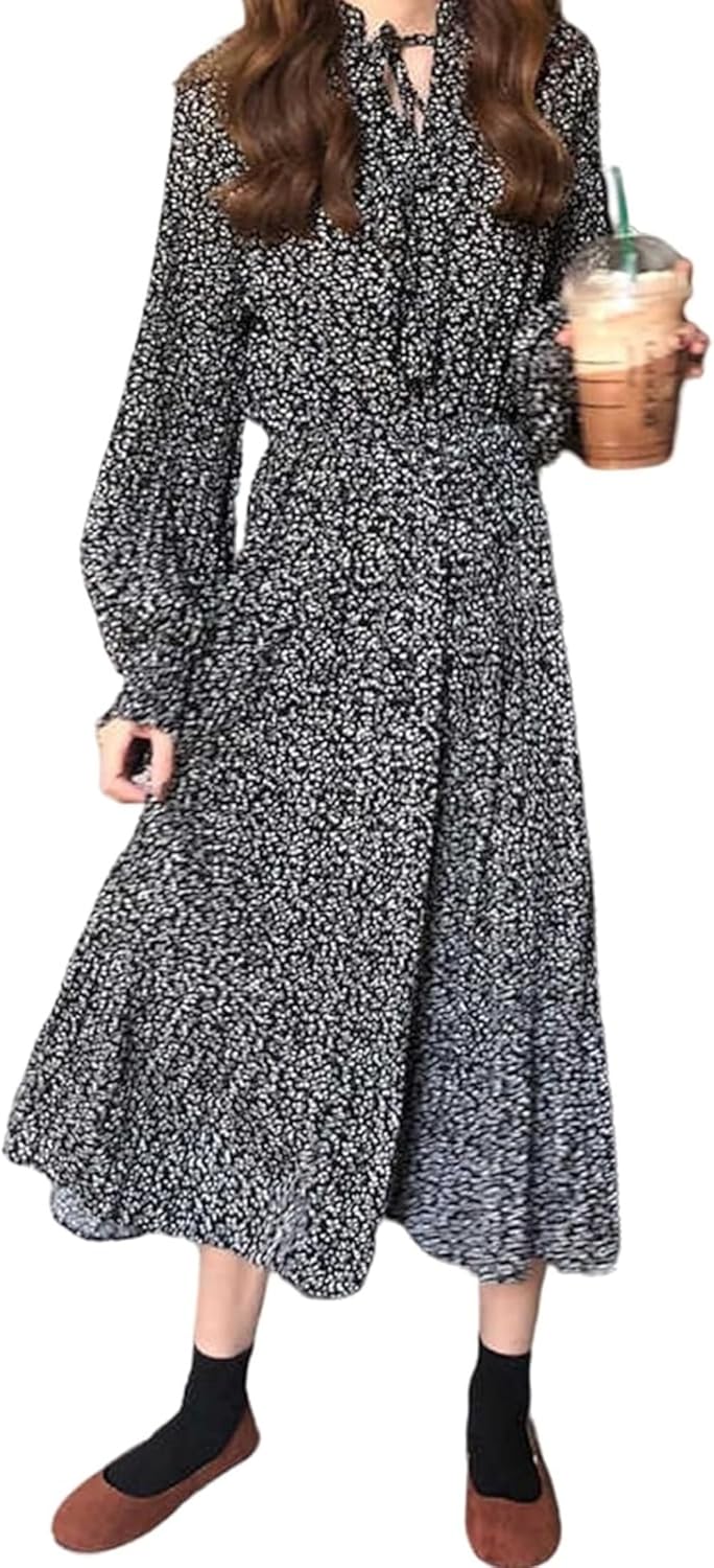 ワンピース レディース 長袖 ロングワンピース Vネック 花柄 ウエストゴム ゆったり 体型カバー 上品 おしゃれ 着痩せ カジュアル 普段着 冬 秋 春 オフィス