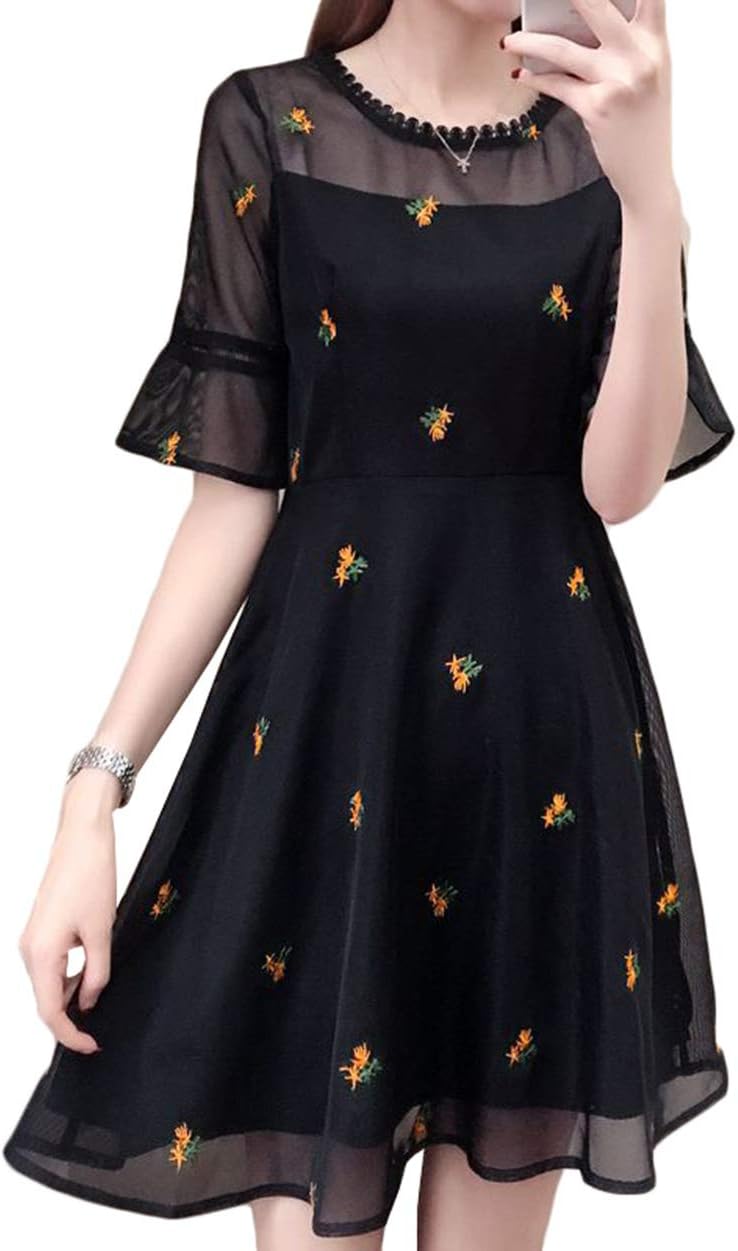 ワンピース レディース 半袖 フレアワンピース 花柄 チュール おしゃれ Aライン ミニ丈 ベルスリーブ 可愛い ショートワンピース 大きいサイズ 夏