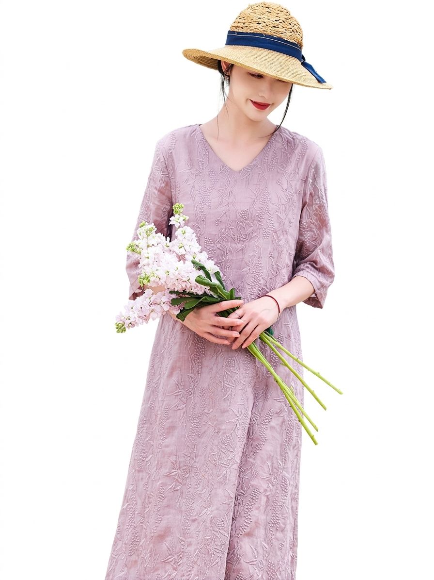 衣装 レディース 春夏 Vのど首 七分袖 A生産ライン ロング衣装 刺しゅう スピード競技 花柄 自然的 体型押しかぶせる ゆったり 今めかしい たまり場 お呼ばれ 通い 心地よい 旅する 膝下 冷やりとした 大