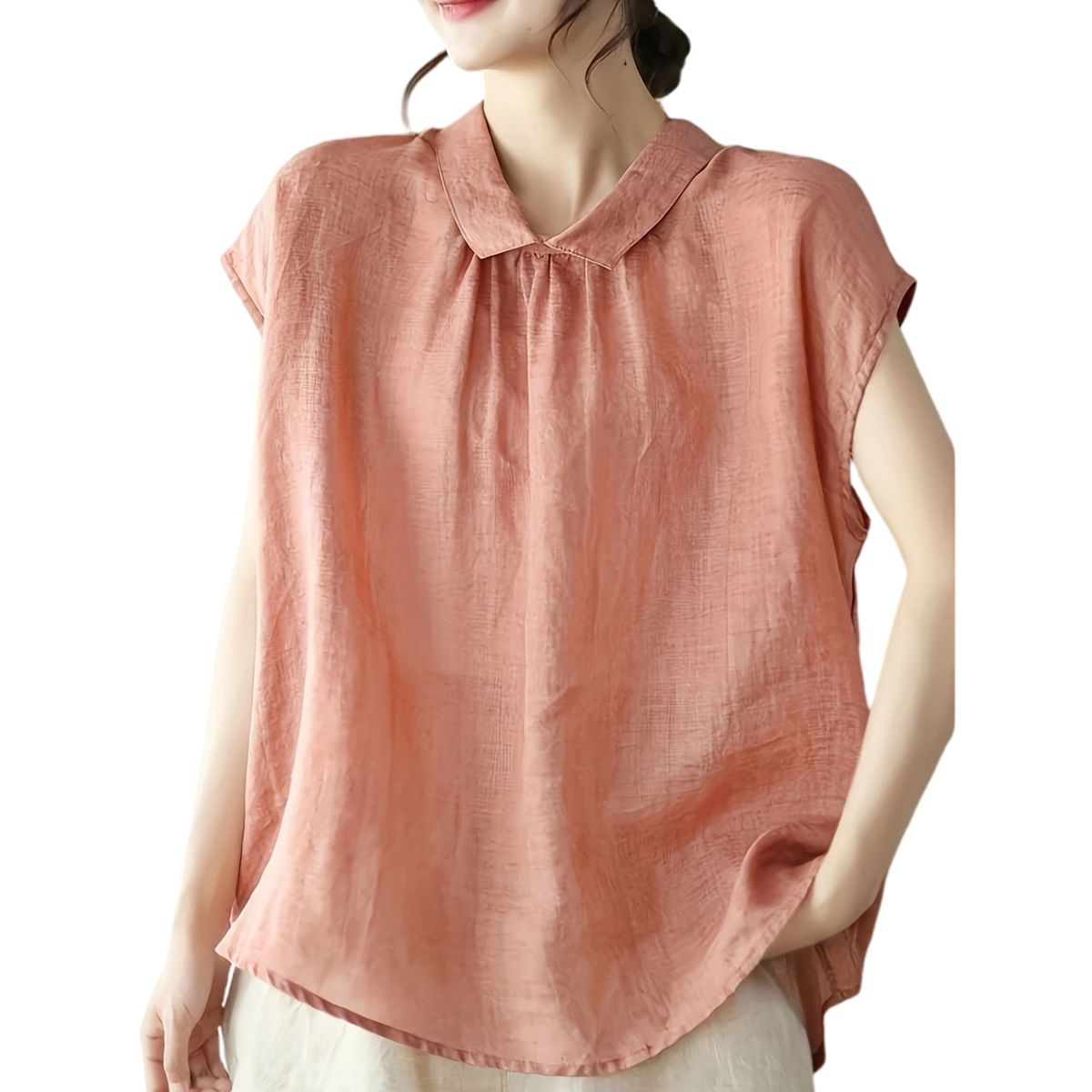 トップ レディース フレンチ衣袂 ギャザー 小っちゃい襟 自然的 綿麻風 さらさら 夏服 トップス 無地 ゆったり 体型取りまかなう 成年者好いたらしい こなれ感 好いたらしいめ 心地よい