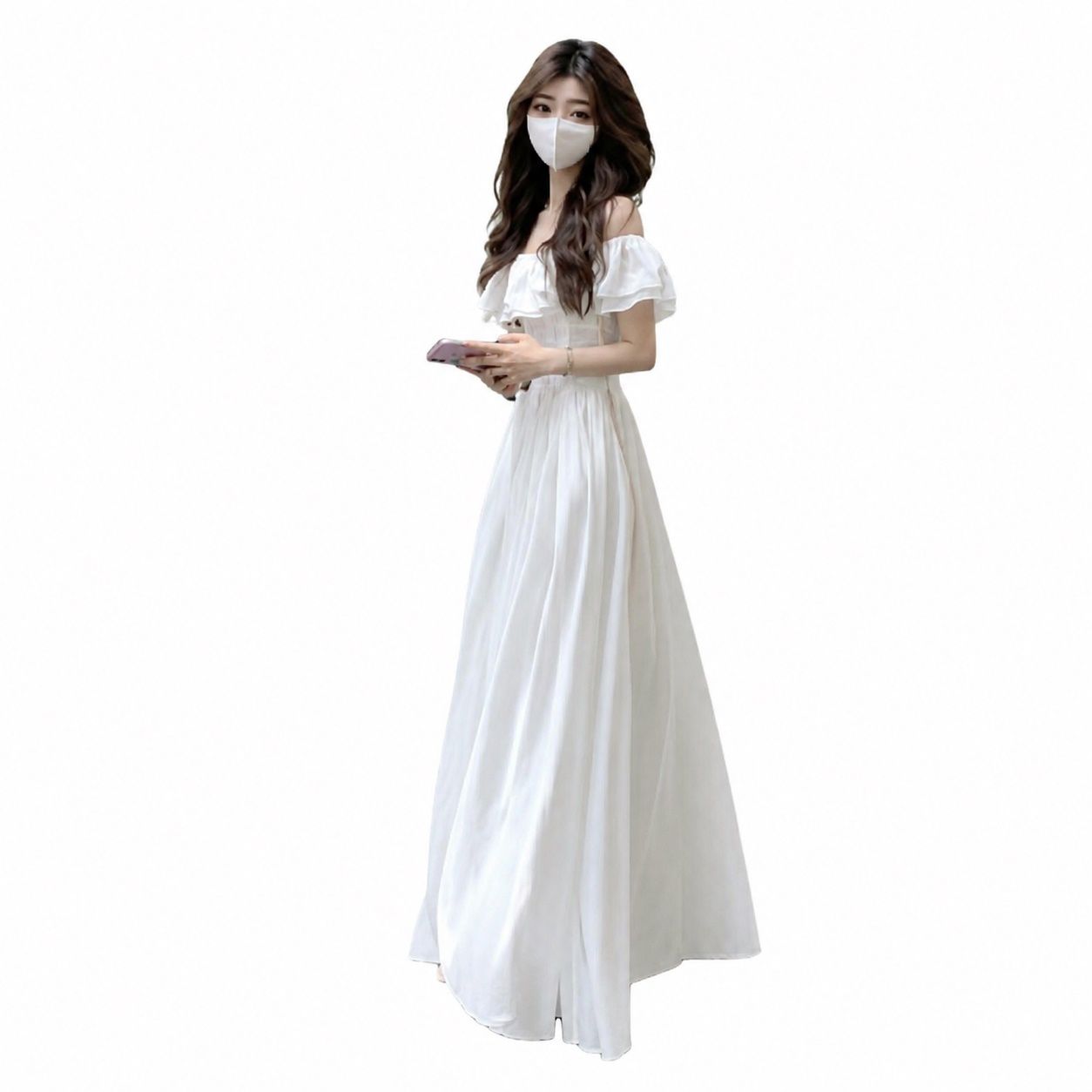 ワンピース レディース ロング丈 オフショルダー フリル マキシ丈 リゾート ドレス ウエストマーク 体型カバー 背中あき 大人可愛い フェミニン さらさら 裏地付き 春夏 旅行 海 ビーチ 二次会｜ハッピートゥデイ