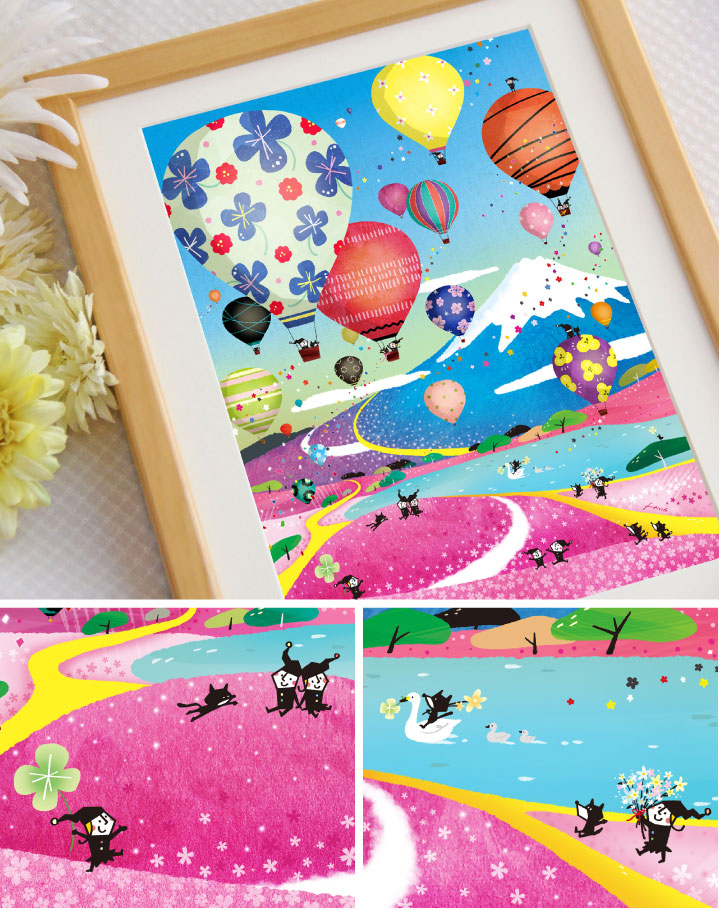 市場 New 芝桜 いつまでも 空 どこまでも プレゼント 気球 絵 誕生日 幸せ 花 笑顔 額入り 富士山 お祝い インテリア 玄関 Mサイズ 絵画 開店祝い