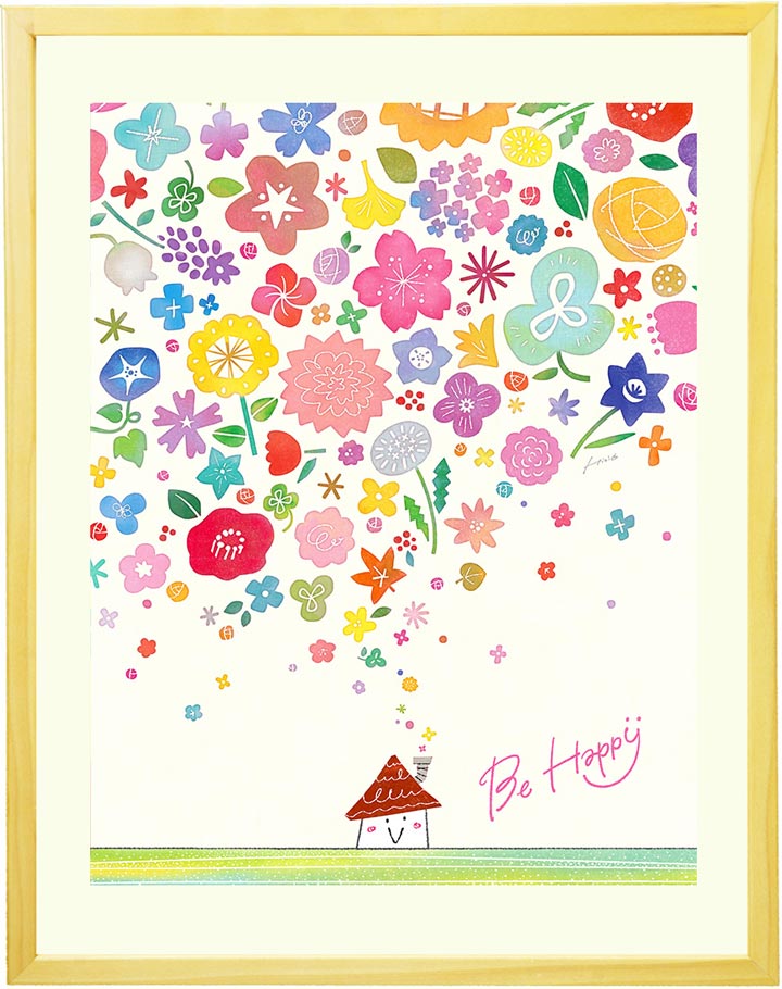 【New】 絵画 インテリア ブーケ 「Happy Bouquet」 花束 ブーケ 玄関 ウェルカムボード 店舗 入り口 リビング 風水 運気が上がる絵 運気アップ かわいい 額付き 額入り アート Be Happy スマイル 部屋 家 笑顔 幸せ すずらん 桜 ひまわり 絵 人気 ピンク テキスタイル 感謝|絵画インテリア・贈り物 KawaiiArt