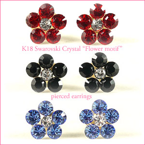 耳元でキラキラ輝く三色のお花のピアス。 【メール便送料無料】 K18イエローゴールド スワロフスキークリスタル フラワーモチーフ スタッド ピアス by 原宿ジュエリーオペラ