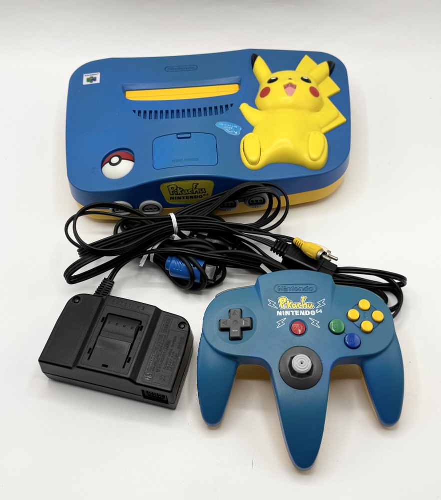 【中古】ピカチュウNINTENDO64 ブルー&イエロー 本体+コントローラー+ケーブル付 除菌済