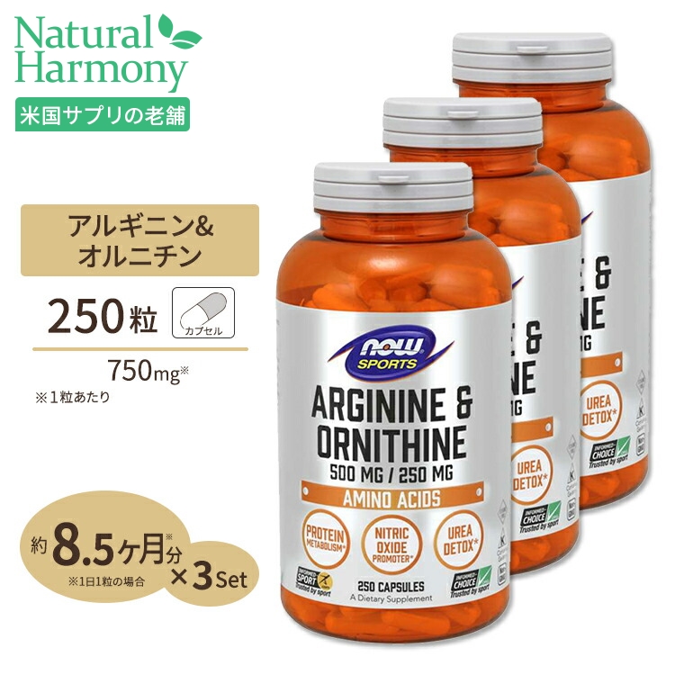 [3個セット]L-アルギニン ＆ L-オルニチン 500mg   250mg 250粒 NOW Foods(ナウフーズ) 
